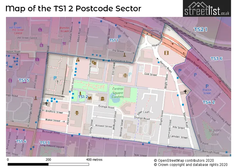 Map of the TS1 2 and surrounding postcode sector
