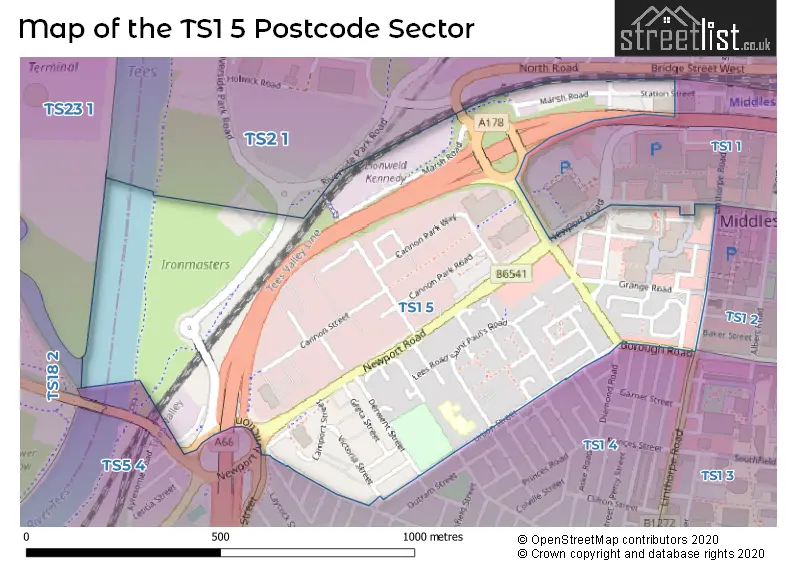 Map of the TS1 5 and surrounding postcode sector
