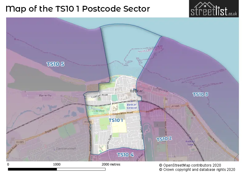 Map of the TS10 1 and surrounding postcode sector