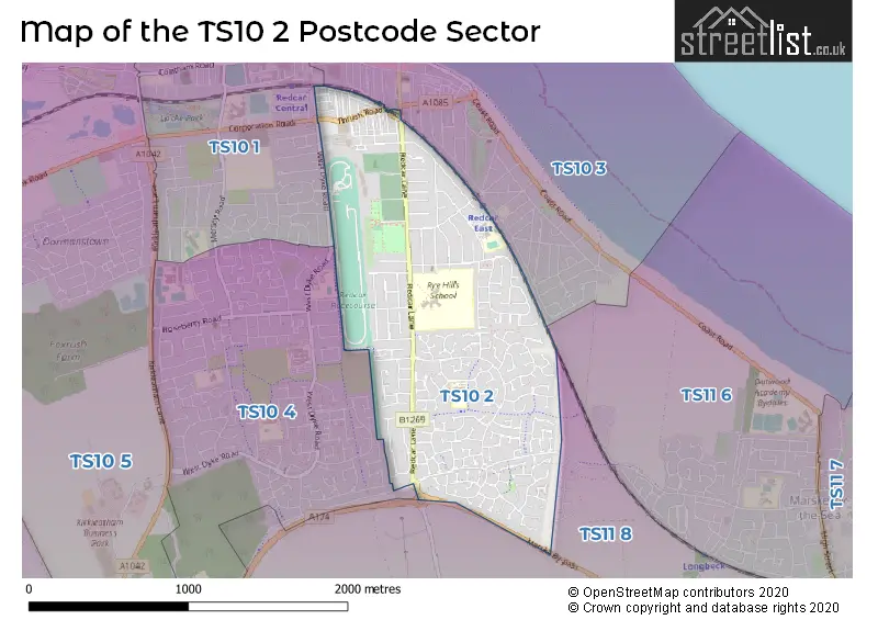 Map of the TS10 2 and surrounding postcode sector