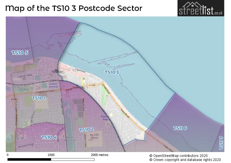 Map of the TS10 3 and surrounding postcode sector