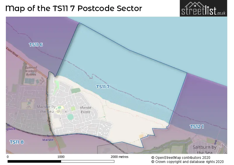 Map of the TS11 7 and surrounding postcode sector