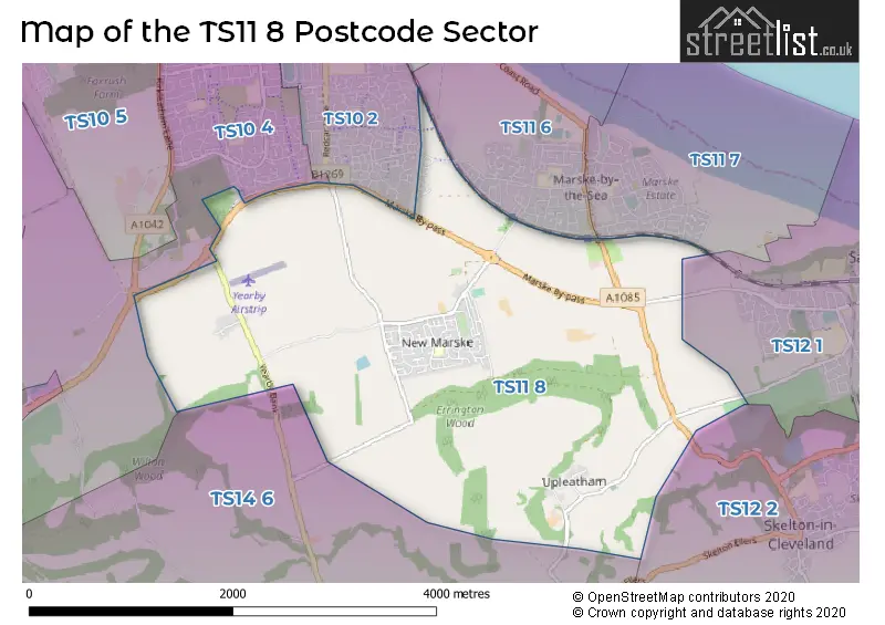 Map of the TS11 8 and surrounding postcode sector