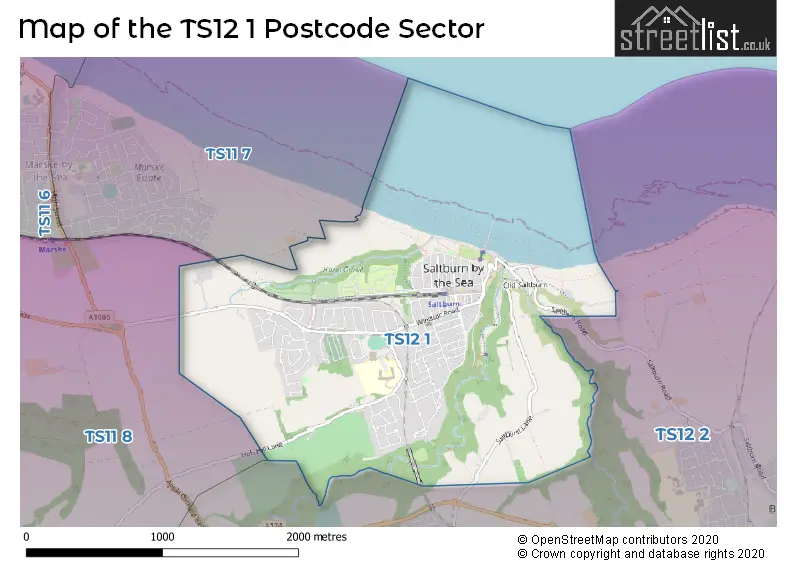 Map of the TS12 1 and surrounding postcode sector