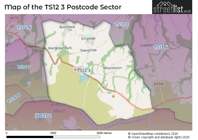 Map of the TS12 3 and surrounding postcode sector
