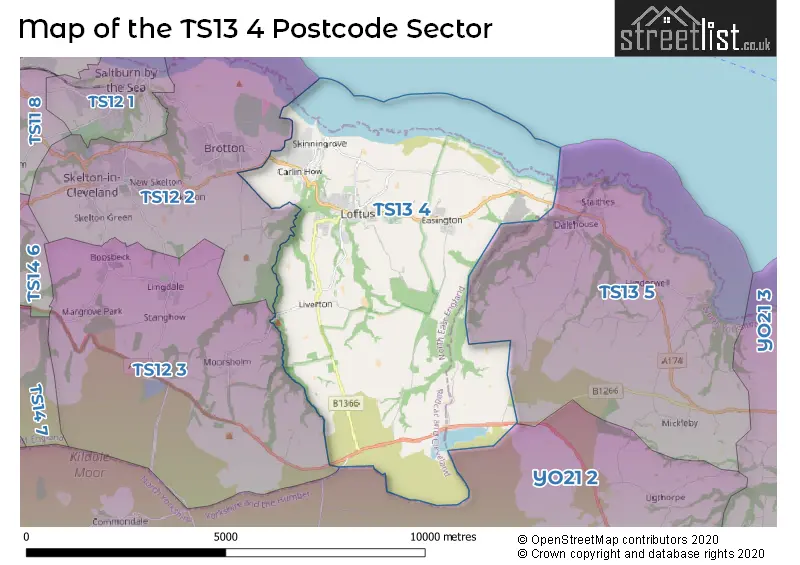 Map of the TS13 4 and surrounding postcode sector