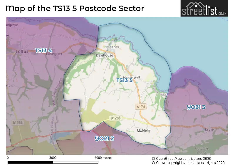 Map of the TS13 5 and surrounding postcode sector
