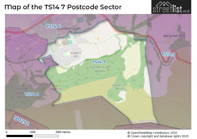 Map of the TS14 7 and surrounding postcode sector
