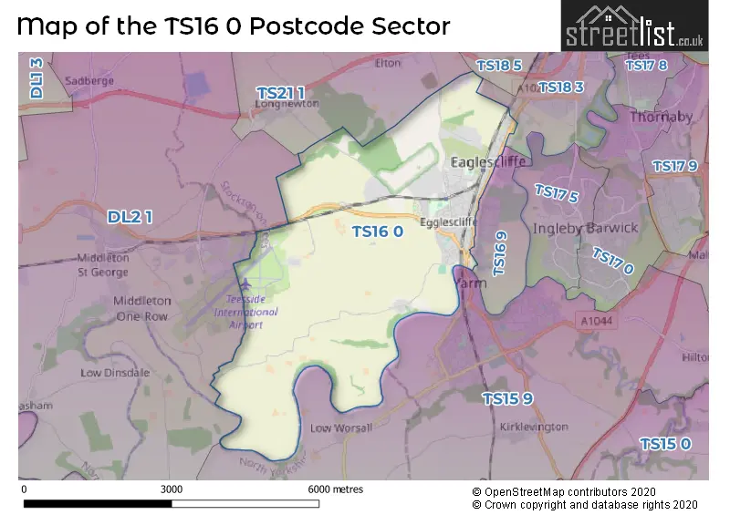 Map of the TS16 0 and surrounding postcode sector
