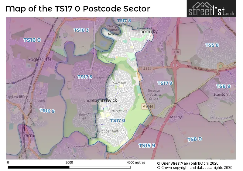 Map of the TS17 0 and surrounding postcode sector