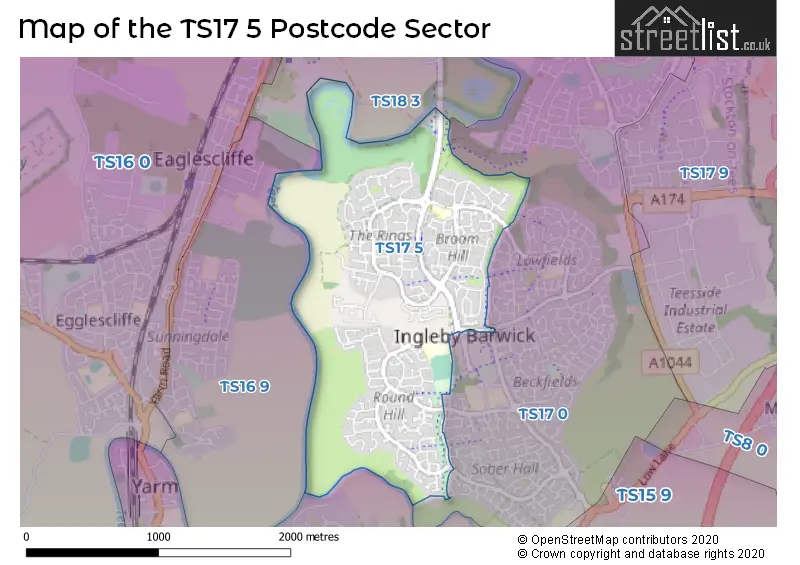 Map of the TS17 5 and surrounding postcode sector