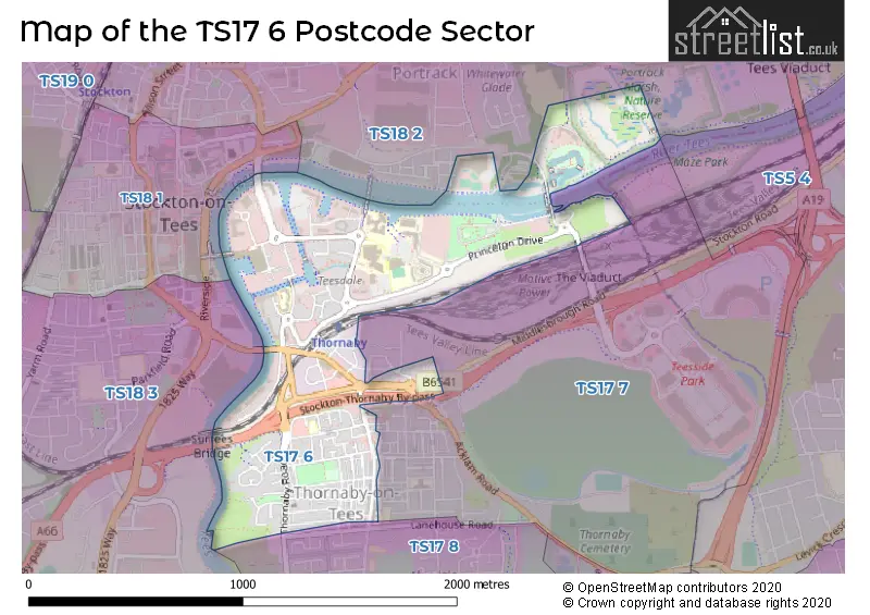 Map of the TS17 6 and surrounding postcode sector