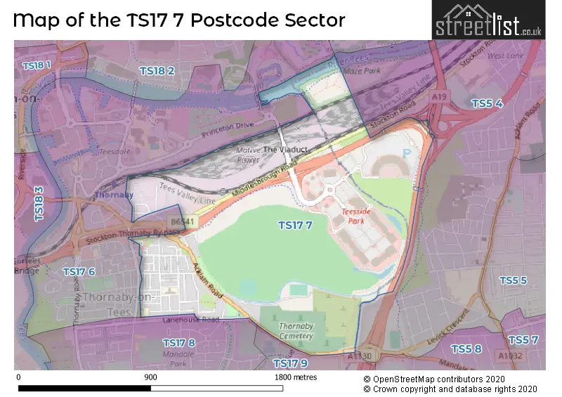 Map of the TS17 7 and surrounding postcode sector