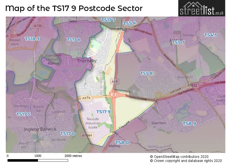 Map of the TS17 9 and surrounding postcode sector