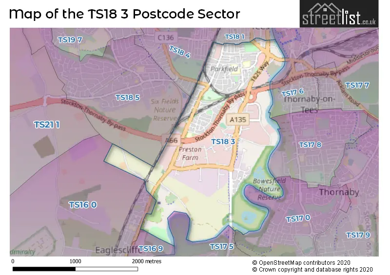 Map of the TS18 3 and surrounding postcode sector