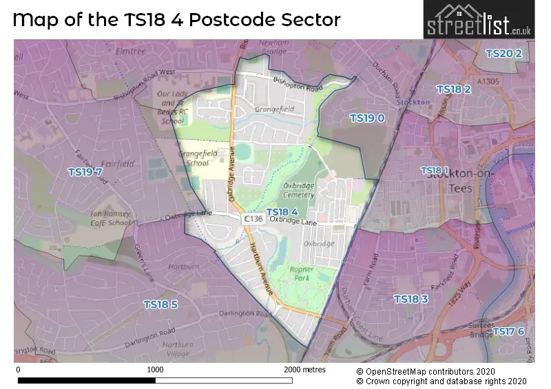 Map of the TS18 4 and surrounding postcode sector