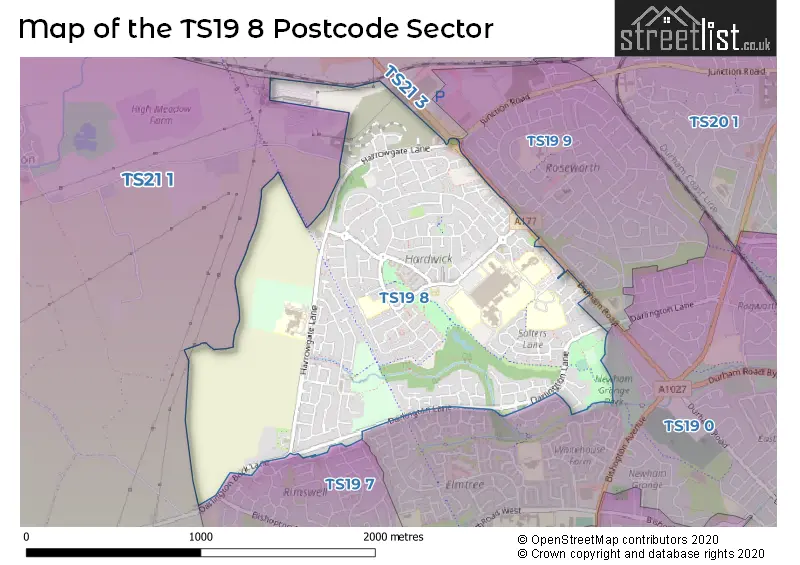 Map of the TS19 8 and surrounding postcode sector