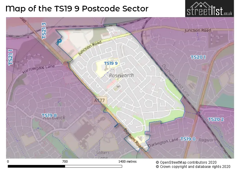 Map of the TS19 9 and surrounding postcode sector