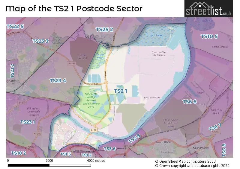 Map of the TS2 1 and surrounding postcode sector