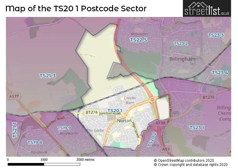 Map of the TS20 1 and surrounding postcode sector