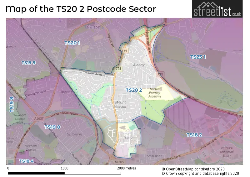Map of the TS20 2 and surrounding postcode sector