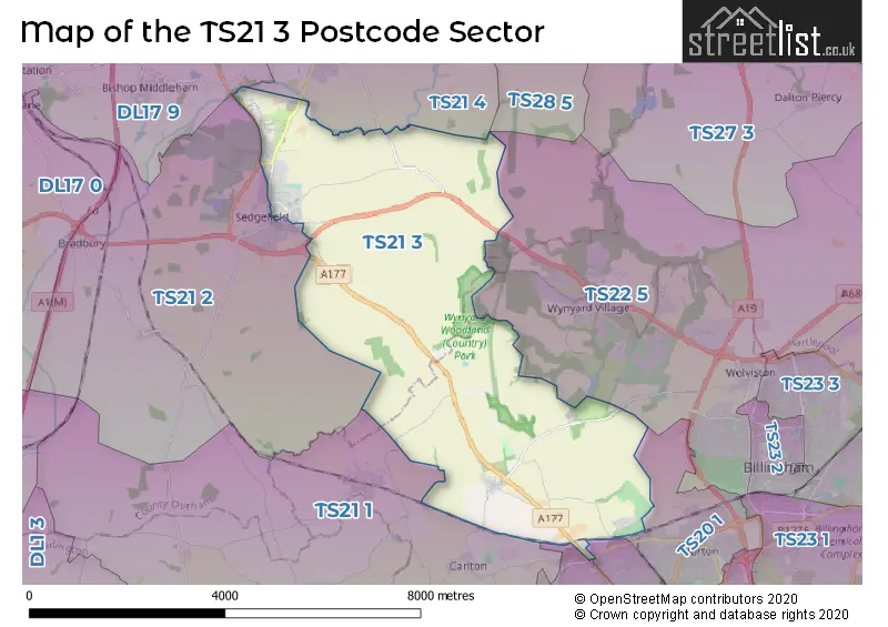 Map of the TS21 3 and surrounding postcode sector