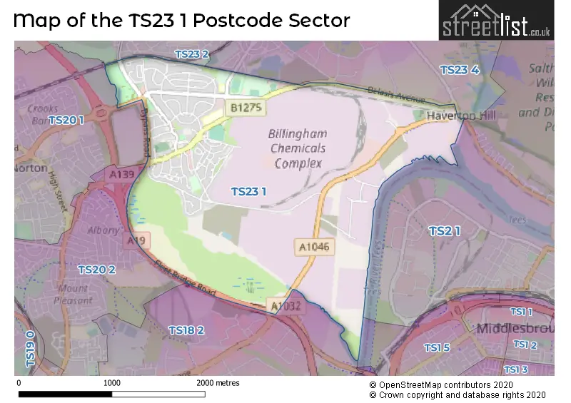 Map of the TS23 1 and surrounding postcode sector