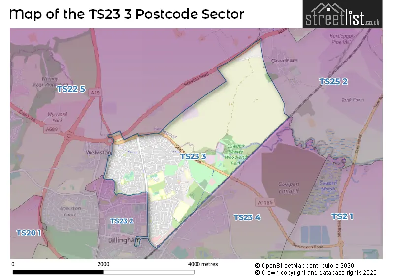 Map of the TS23 3 and surrounding postcode sector