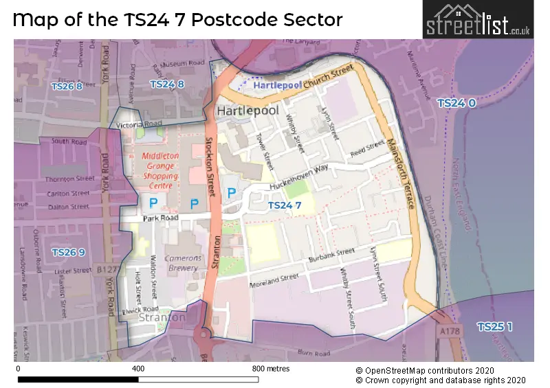Map of the TS24 7 and surrounding postcode sector