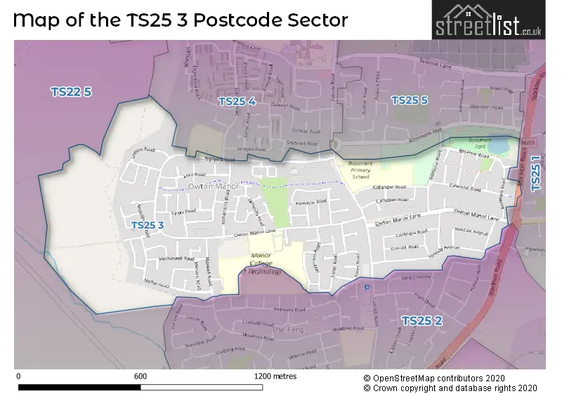 Map of the TS25 3 and surrounding postcode sector