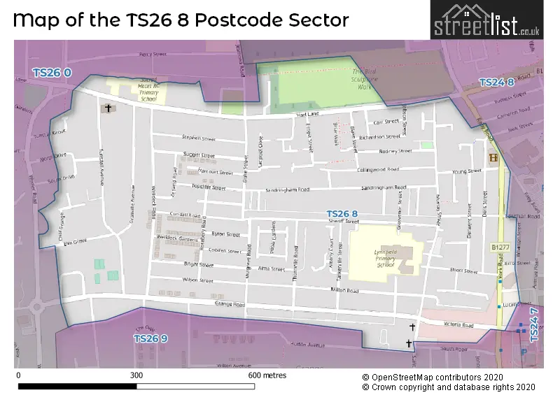 Map of the TS26 8 and surrounding postcode sector