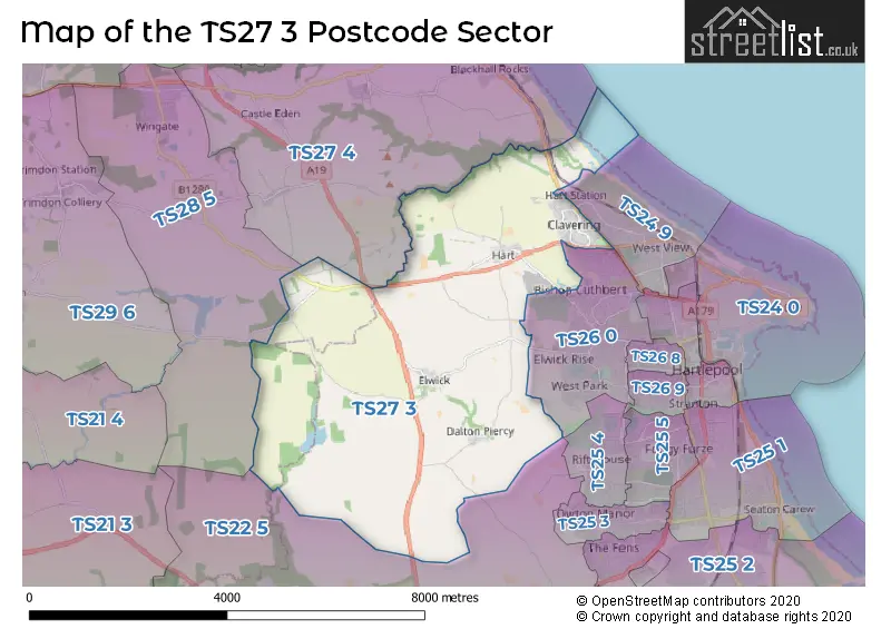 Map of the TS27 3 and surrounding postcode sector