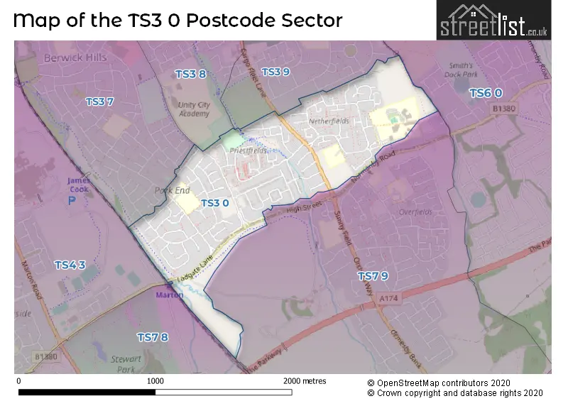 Map of the TS3 0 and surrounding postcode sector