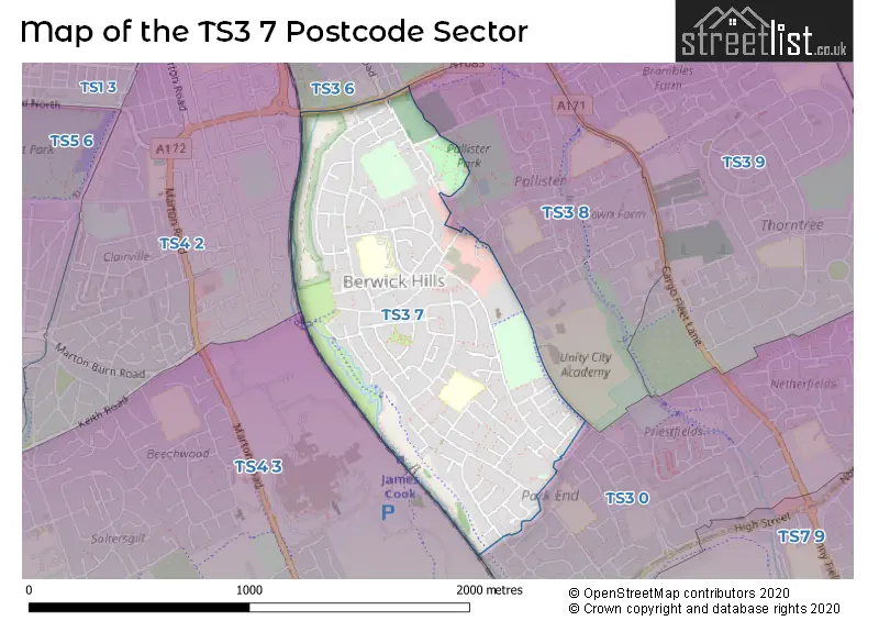 Map of the TS3 7 and surrounding postcode sector