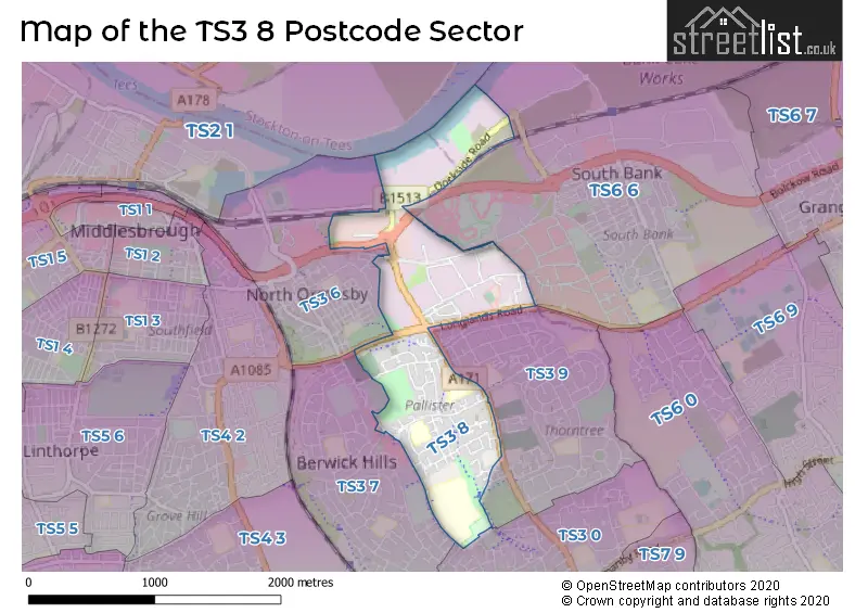 Map of the TS3 8 and surrounding postcode sector