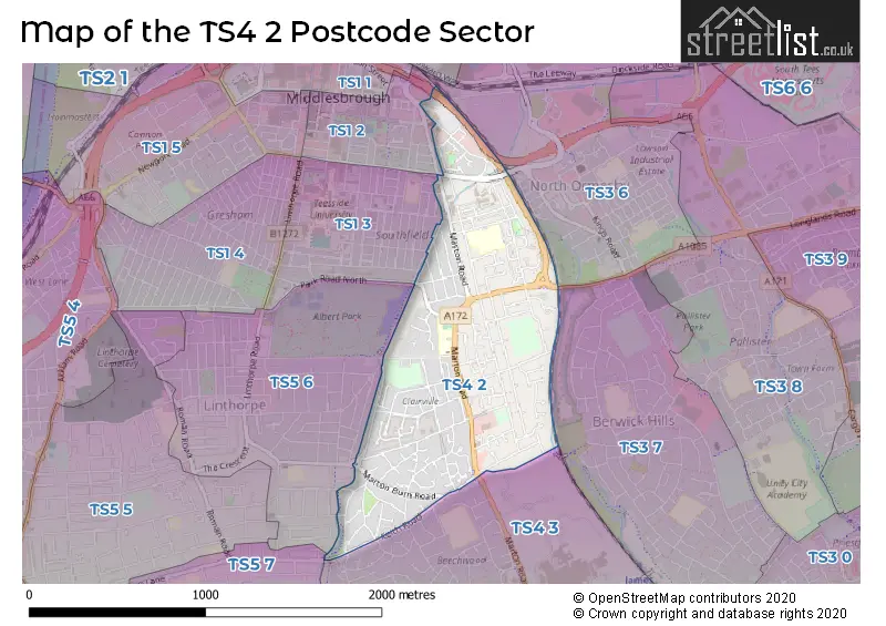 Map of the TS4 2 and surrounding postcode sector