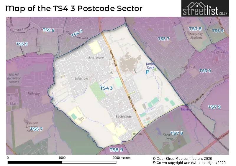 Map of the TS4 3 and surrounding postcode sector
