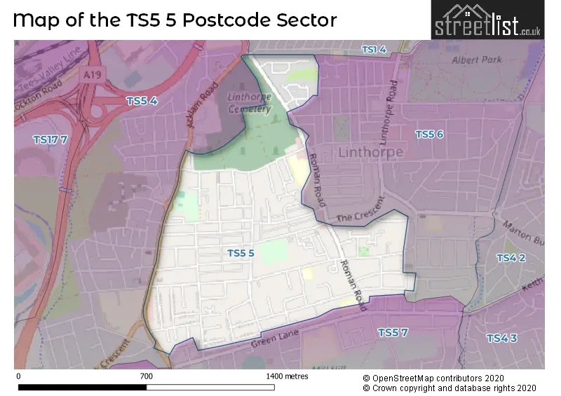 Map of the TS5 5 and surrounding postcode sector