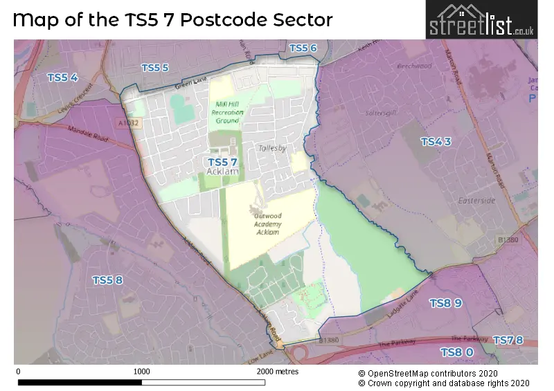 Map of the TS5 7 and surrounding postcode sector