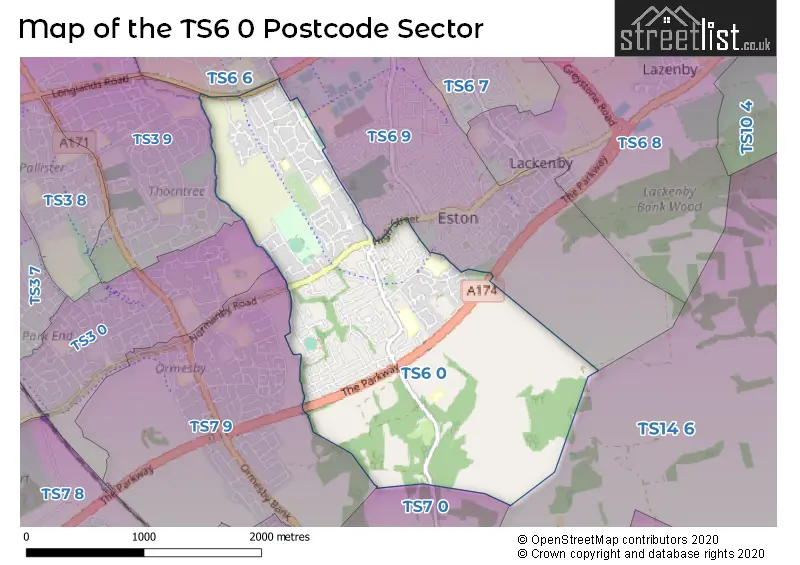 Map of the TS6 0 and surrounding postcode sector