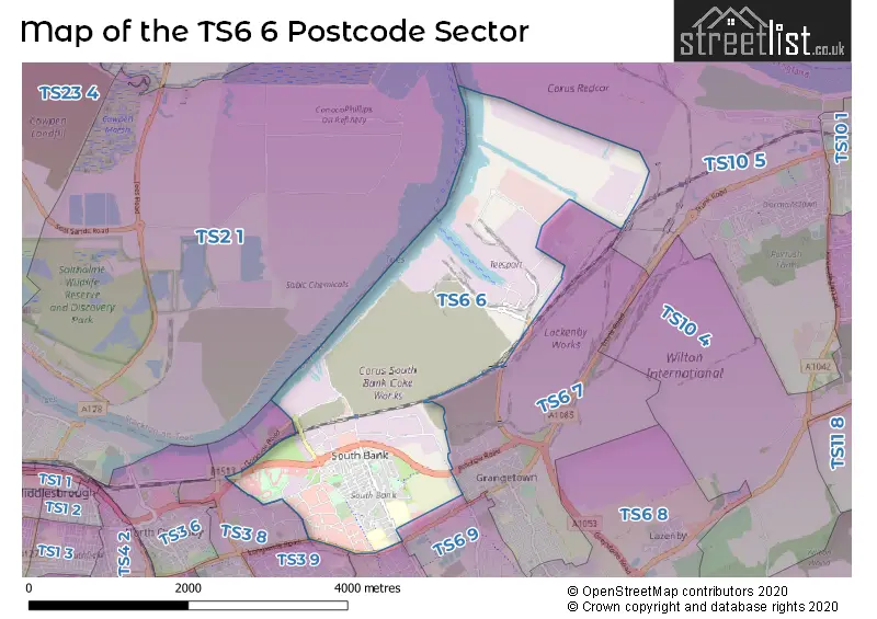 Map of the TS6 6 and surrounding postcode sector