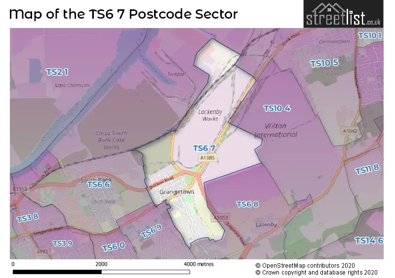Map of the TS6 7 and surrounding postcode sector