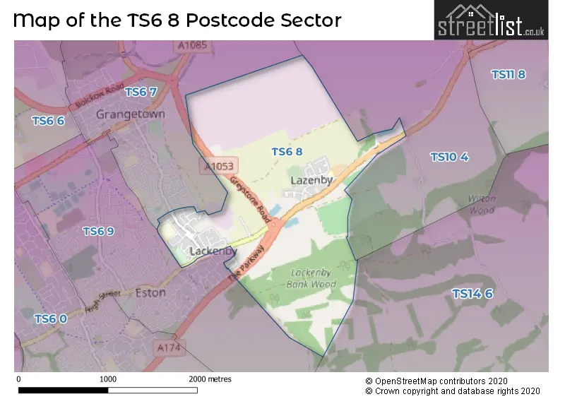 Map of the TS6 8 and surrounding postcode sector