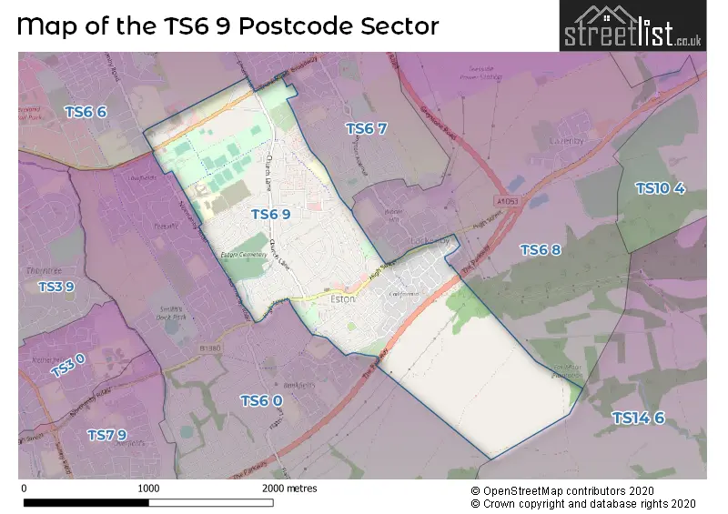 Map of the TS6 9 and surrounding postcode sector
