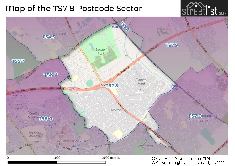 Map of the TS7 8 and surrounding postcode sector