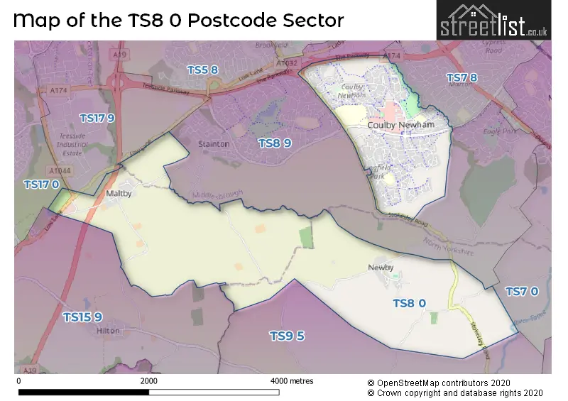 Map of the TS8 0 and surrounding postcode sector