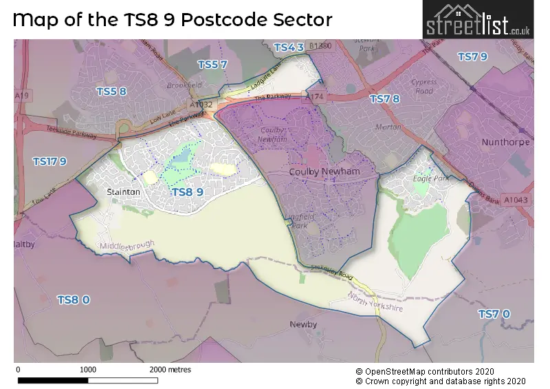 Map of the TS8 9 and surrounding postcode sector