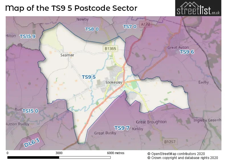 Map of the TS9 5 and surrounding postcode sector