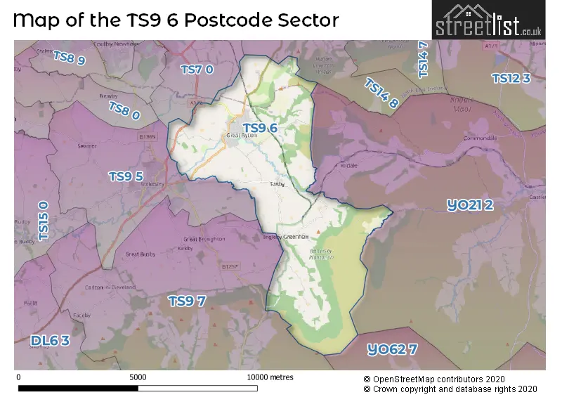 Map of the TS9 6 and surrounding postcode sector