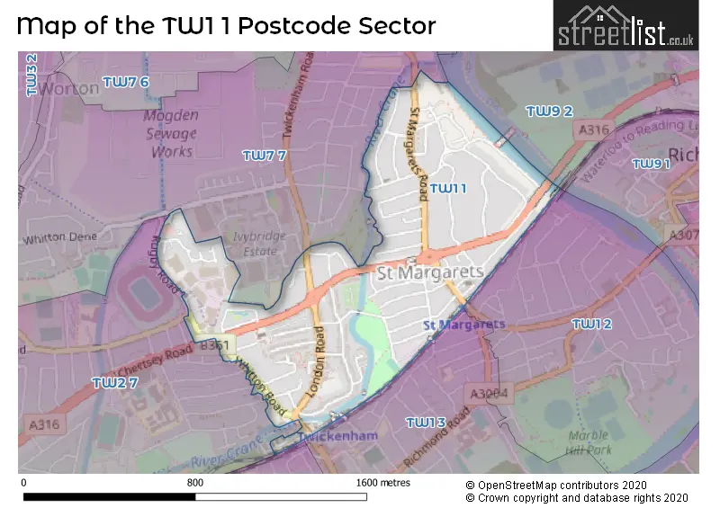Map of the TW1 1 and surrounding postcode sector
